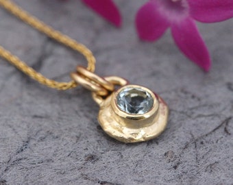 14K Aquamarine Pendant, Tiny 18k Gold Pendant, 22K Round Gemstone Necklace, March Birthstone Jewelery, Solid Gold , Minimalist Fine Jewelry