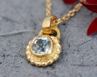 14K Aquamarijn ketting, massief gouden ketting, fijne gouden ketting, bloemenketting voor dames, blauwe edelsteen ketting, delicate 18K hanger