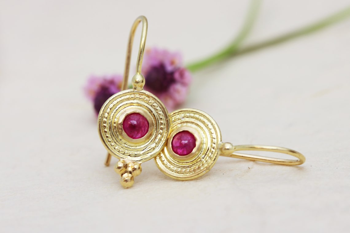 Gold Ruby Earrings Solid Gold Earrings Ethnic Gold Earrings | Etsy