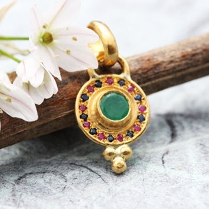 Solid Gold Pendant, Solid Gold Necklace, Antique Pendant, Multi Stone Necklace, Ruby, Emerald, Sapphire, Gold Necklace Women, 14k, 18k, 22k