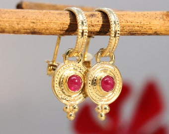 Gold Ruby Earrings, 22K Vintage Earrings, Hoop Dangle Earrings, 18K Boho Jewelry, 14K Solid Gold, Antique Style Earrings, July Birthstone