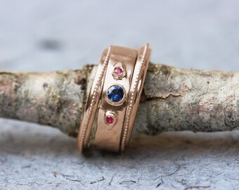 Rose Gold Ring, Sapphire Ring, Ruby Ring, Unique Engagement Ring, Boho Wedding Ring, Rose gold ring set, alternative Engagement ring, 14k