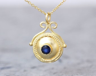 Gold Sapphire Necklace, 14K Solid Gold Pendant, 22k Round Disc pendant, 18K Blue Sapphire Boho Necklace, Mediterranean Jewelry, Gold Gift