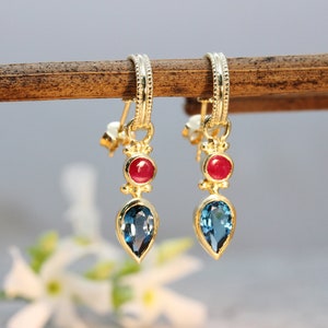 Blue Topaz Gold Earrings ,Ruby Gold Earrings, 14K Boho Earrings, Real Gold Earrings  Drop Earrings, Dangle Earrings, Bohemian Gold Earrings