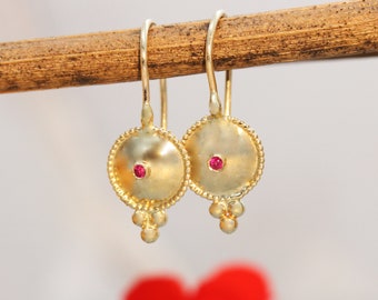 Ruby Earrings, Solid Gold Earrings, 18k gold earrings, 14k Ruby Earrings, 22k Gold Earrings, Gold Drop Earring, Boho, Ethnic, Dainty, Unique