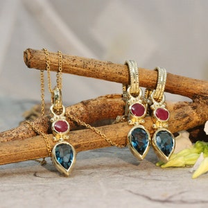 18K Gold Blue Topaz Set, 22k Gold Jewelry, Boho Necklace And Earrings, Antique Gold Set, Ruby Jewlery, TearDrop Earrings, Gift for Loved One image 4