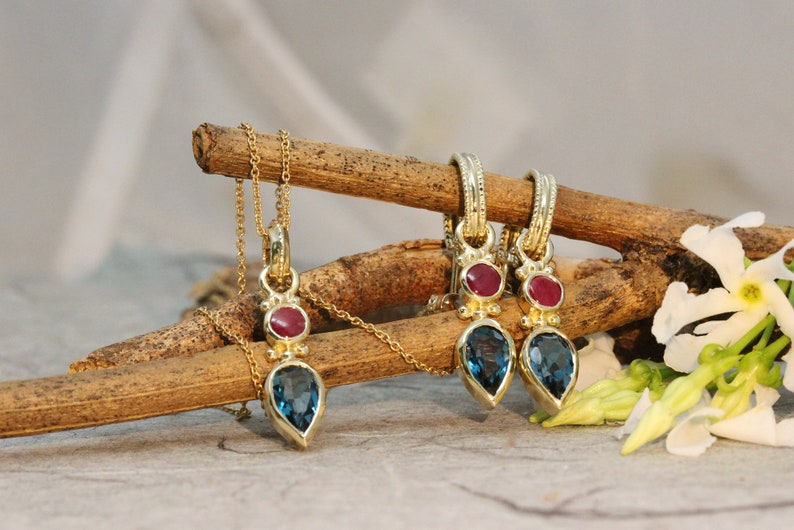 18K Gold Blue Topaz Set, 22k Gold Jewelry, Boho Necklace And Earrings, Antique Gold Set, Ruby Jewlery, TearDrop Earrings, Gift for Loved One image 4