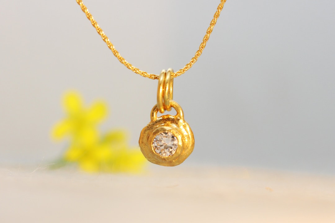 18K Solid Gold Necklace, 22K Diamond Solitaire Pendant, Real Diamond, Unique Gold Necklace