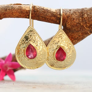 Ruby Gold Earrings, Gold Drop Earrings, Solid Gold Earrings, Boho Earrings, Ethnic Earrings, Moroccan Earrings, Teardrop Earrings, Drop