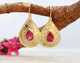 Ruby Gold Earrings, Gold Drop Earrings, Solid Gold Earrings, Boho Earrings, Ethnic Earrings, Moroccan Earrings, Teardrop Earrings, Drop