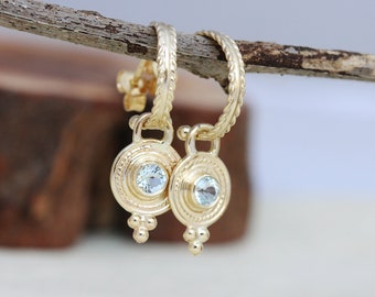 Gold Aquamarine Earrings, Hoop Drop Earrings, 14K aquamarine Earrings Dangle, 22K Jewelry, Solid Gold, 18K Tribal Earrings, Light Blue Stone