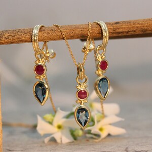 18K Gold Blue Topaz Set, 22k Gold Jewelry, Boho Necklace And Earrings, Antique Gold Set, Ruby Jewlery, TearDrop Earrings, Gift for Loved One image 2