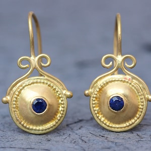 Sapphire Earrings, Gold Sapphire Earrings, Bridal Earrings, Solid Gold Earrings, Ethnic Gold Earrings, Boho Earrings, 18k Drop earrings, 14k