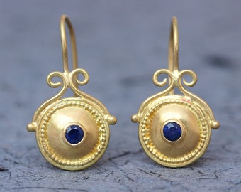 Sapphire Earrings, Gold Sapphire Earrings, Bridal Earrings, Solid Gold Earrings, Ethnic Gold Earrings, Boho Earrings, 18k Drop earrings, 14k