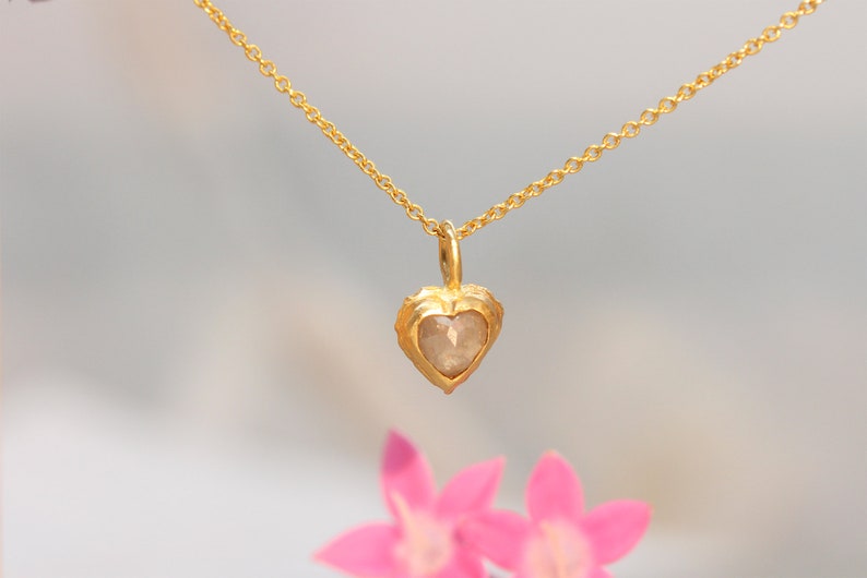 Heart Pendant Necklace, Solid Gold Necklace, Raw Diamond Necklace, Dainty Heart Necklace, Solitaire Necklace, Rustic Necklace, Boho Necklace image 5