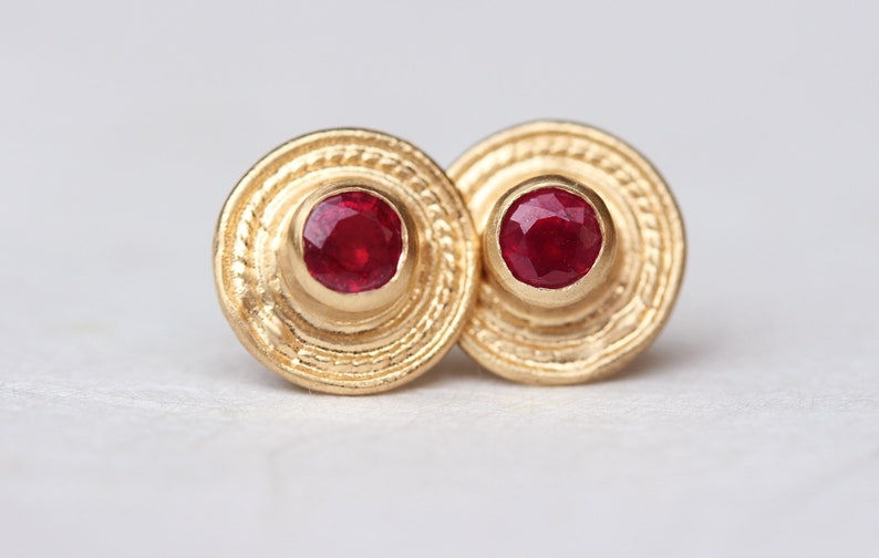 14k Gold Earrings, Ruby Earrings, Rose Gold Earrings, Ruby Jewelry, Gold Stud Earrings, 18k Solid Gold Earrings, Boho Gold Earrings, Antique image 7