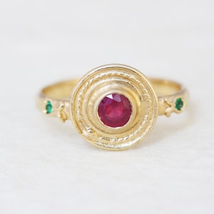 14K Gold Ruby Ring, 22K Engagement Ring,  18K Alternative Engagement Ring, Vintage Ring, Boho Wedding Ring, Emerald Ruby Gold Jewelry