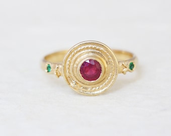 14K Gold Ruby Ring, 22K Engagement Ring,  18K Alternative Engagement Ring, Vintage Ring, Boho Wedding Ring, Emerald Ruby Gold Jewelry