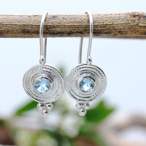 14K White Gold Aquamarine Earrings, Gold Disc Earrings, 22k Gold Drop Earrings, 18K Real Gold, Natural Aquamarine Jewelry, Gift For Woman image 8