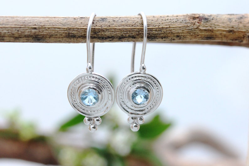 14K White Gold Aquamarine Earrings, Gold Disc Earrings, 22k Gold Drop Earrings, 18K Real Gold, Natural Aquamarine Jewelry, Gift For Woman image 8