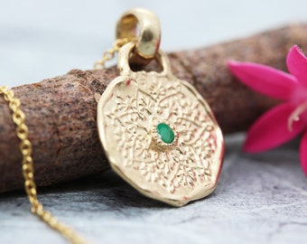 Gold Pendant Necklace, Gold Coin Necklace, Gemstone Necklace, Solid Gold Necklace, Mandala Necklace, Sapphire, Emerald, Diamond, Tourmaline