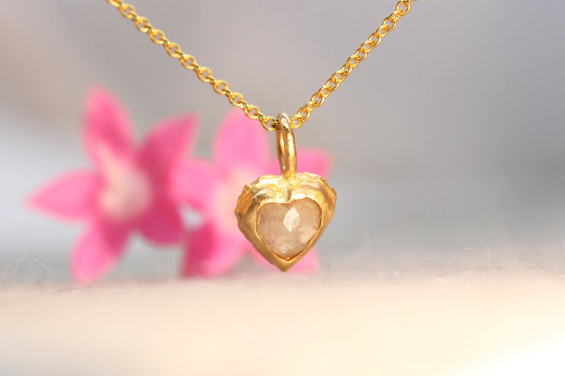 Heart Pendant Necklace, Solid Gold Necklace, Raw Diamond Necklace, Dainty Heart Necklace, Solitaire Necklace, Rustic Necklace, Boho Necklace image 6