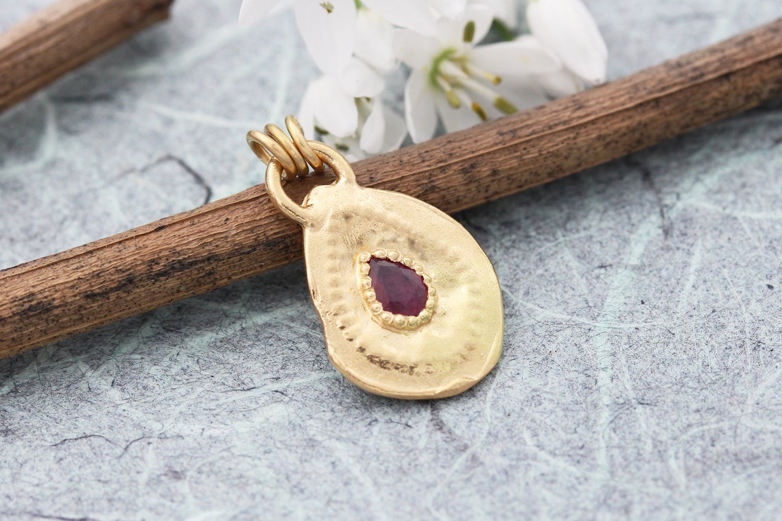 Solid Gold Pendant Ruby Pendant Teardrop Necklace 18k Gold Etsy