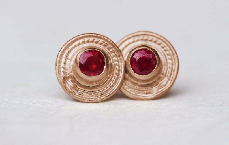 14k Gold Earrings, Ruby Earrings, Rose Gold Earrings, Ruby Jewelry, Gold Stud Earrings, 18k Solid Gold Earrings, Boho Gold Earrings, Antique image 3