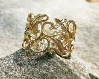 Unique Diamond Ring, Gold Filigree Ring, Gold Boho Ring, Lace Ring, Unique Engagement Ring, Alternative Engagement Ring, Vintage Style Ring