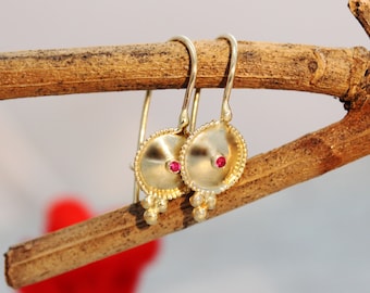 Ruby Earrings, Gold Earrings, Solid Gold Earrings, Bridal Earrings, Ethnic Gold Earrings, Boho Earrings, 18k Drop earrings, 14k, 22k, Indian