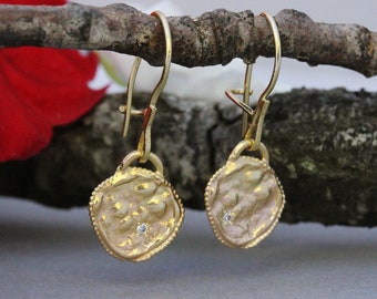 Gold Diamond Earrings, Solid Gold Earrings, Drop Pendant Earrings, Bridal Earrings, Dangle Gold Earrings, 18k gold earrings, 14k, Rustic