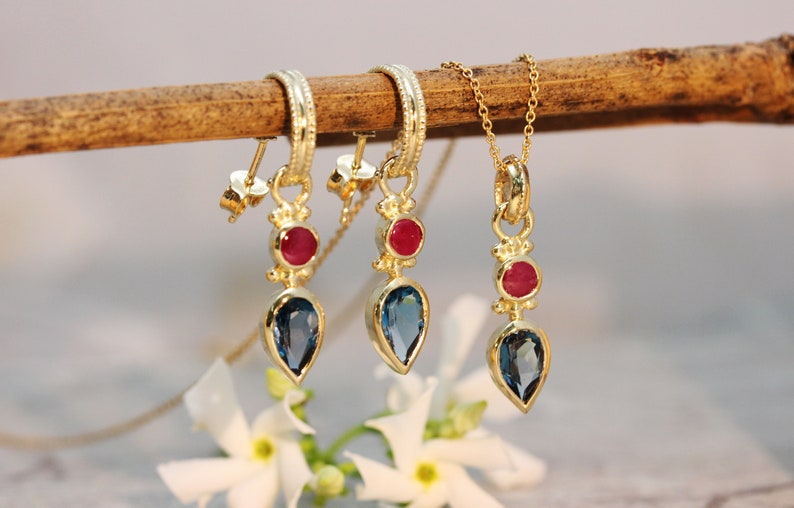 18K Gold Blue Topaz Set, 22k Gold Jewelry, Boho Necklace And Earrings, Antique Gold Set, Ruby Jewlery, TearDrop Earrings, Gift for Loved One image 1