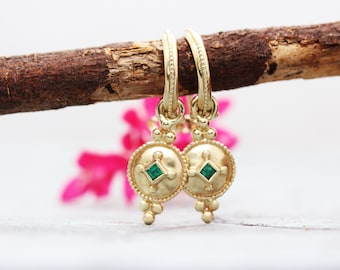 Gold Emerald Earrings, Solid Gold Earrings,  Pendant Hoops, Gold Hoop Earrings, Boho Earrings, Ethnic Earrings, 14K, 18k, 22k jewelry, Stud