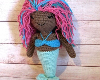 Crochet Mermaid Doll, Amigurumi Mermaid, Teal and Pink Mermaid, Black Mermaid