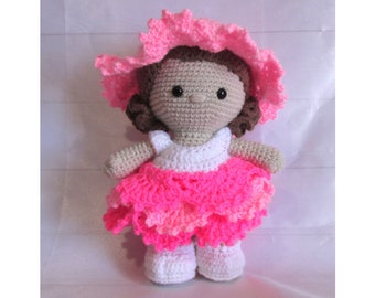 15 Inch Crochet Doll with pink dress and hat, amigurumi doll