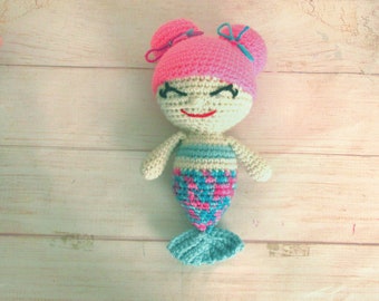 Pink and teal crocheted mermaid doll, amigurumi mermaid