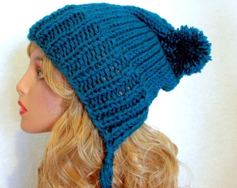 Knit Earflap Hat, Earflap hat knitted, Hat Teal knitted earflap, split brim hat, knit womens hat,