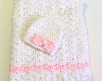 Baby Blanket Crochet, Baby Girl, Baby Blanket Set, Baby Shower Gift, White and Pink, Car Seat blanket, carseat cover