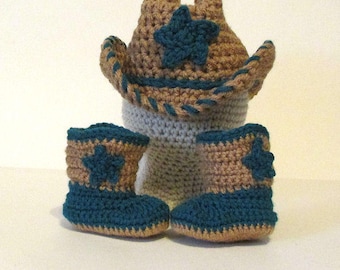 Baby Cowboy Hat, Crochet Cowboy Photo Prop, Brown Cowboy Hat, newborn to 3 months, Cowboy Booties