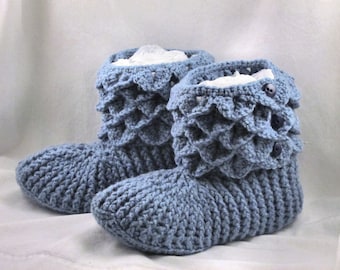 Womens Slippers, Crocodile stitch slippers, Country Blue Ladies House Slippers , Crocodile boots, crochet house shoes, Women Sizes 6 to 10