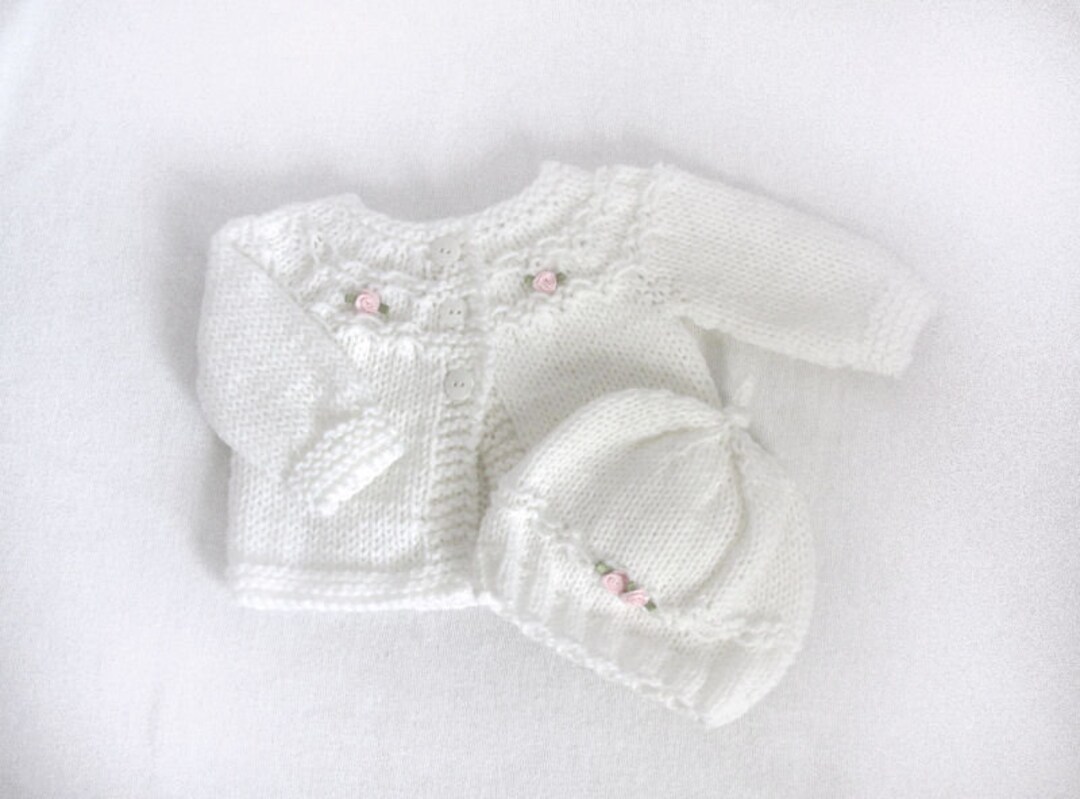 White Knit Baby Sweater Set, Newborn to 3 Months, White Baby Sweater