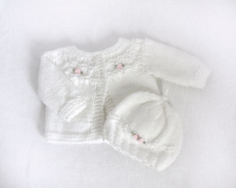 White Knit Baby Sweater Set, Newborn to 3 Months, White baby sweater, Baby Shower Gift, Free Shipping