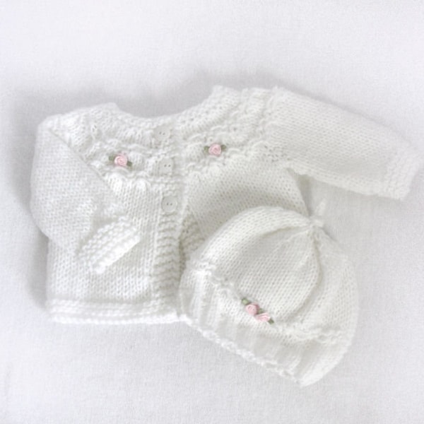 White Knit Baby Sweater Set, Newborn to 3 Months, White baby sweater, Baby Shower Gift, Free Shipping