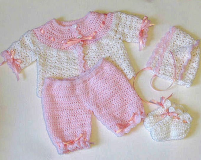 Crochet Baby Sweater Set, Pink Baby Sweater, Crochet Baby Sweater