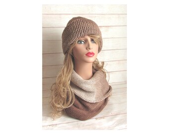 Knit Beanie and matching scarf, brown infinity scarf, brown ombre hat and scarf set