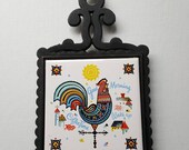 Rooster Tile Trivet Japan Cast Iron Metal Pot Holders 1950s California Rustic Retro Kitchen Decor Country Cookware Skillet Waffle House