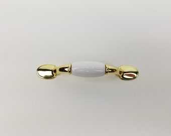 Vintage Brass Drawer Pull 3 inch Screws White Ceramic Gold Tone Curved Handle Liberty Keeler Brass New Old Stock Kitchen Cabinet Handle