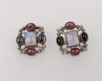 Vintage Sterling Silver Earrings Rainbow Moonstone Tourmaline Gemstone Cluster  Boho Modernist Design Elegant Wedding Mexica