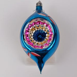 Mercury Glass Christmas Ornament 4.5&quot; Indent Reflector Blue Hand Blown Glass Poland Kugel Art Mica Glitter Shiny Brite Kaleidoscope