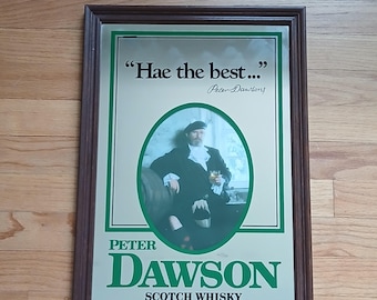 Vintage Peter Dawson Scotch Whisky Bar Mirror Framed Scottish Pub Advertising Wall Sign 1970s Man Cave Decor